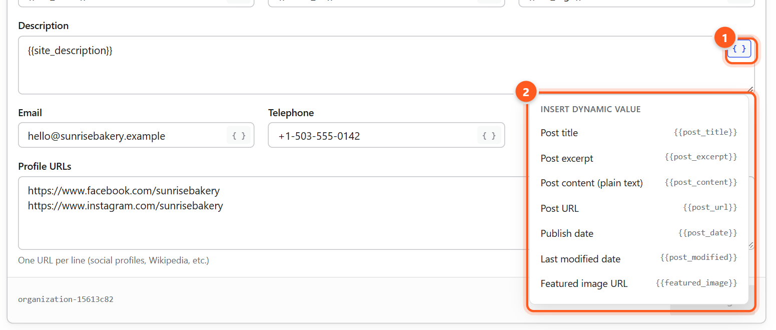 The Insert dynamic value menu, opened from the curly-brace button beside the Description field, listing Post title, Post excerpt, Post content, Post URL and more.