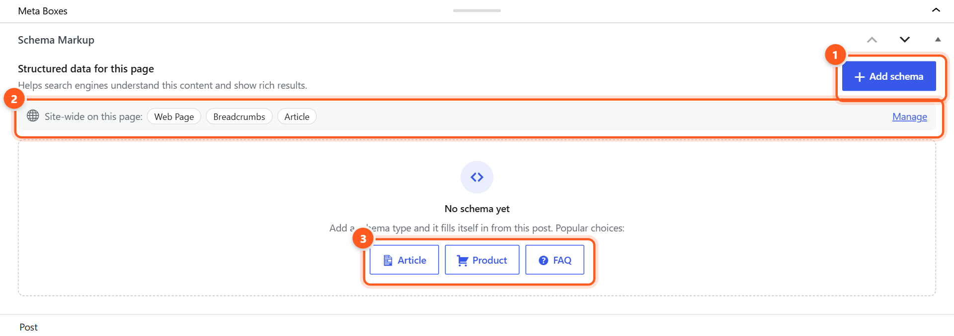 The Schema Markup box with no schema yet, an Add schema button, a list of site-wide schemas on this page, and quick buttons for Article, Product and FAQ.