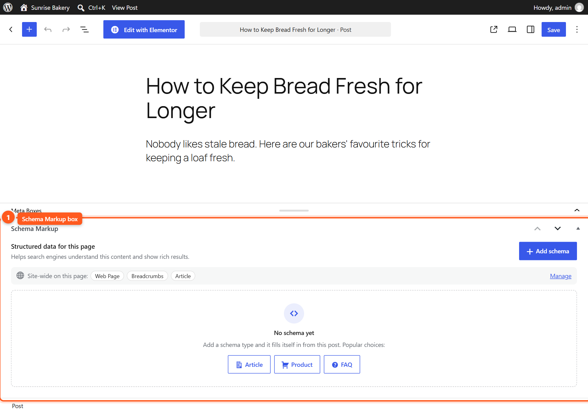 The WordPress block editor with a post open. The Schema Markup box is highlighted below the post content.