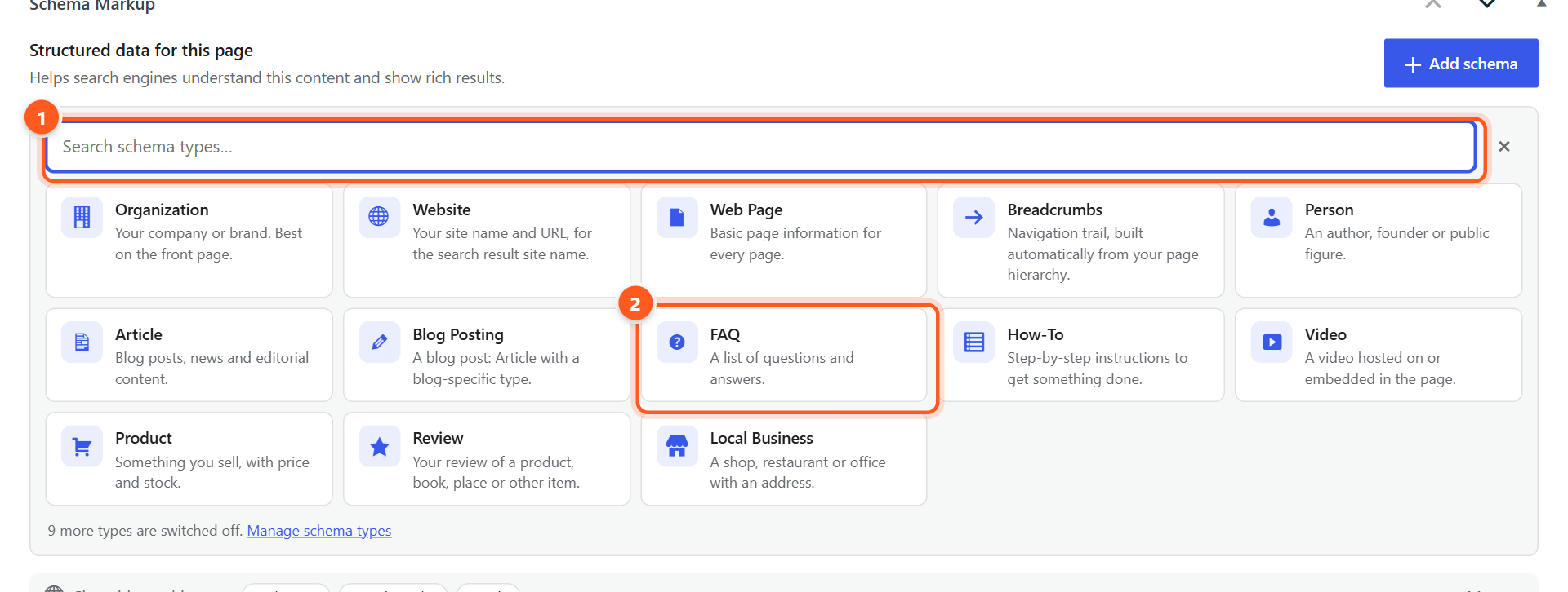 The list of schema types, with a search box at the top and cards for Organization, Website, Article, FAQ, Product and more.