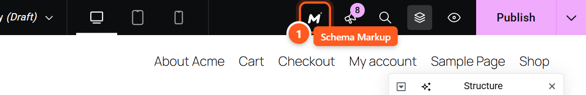 Elementor's top bar with the Mercury Schema M icon highlighted, labelled Schema Markup.