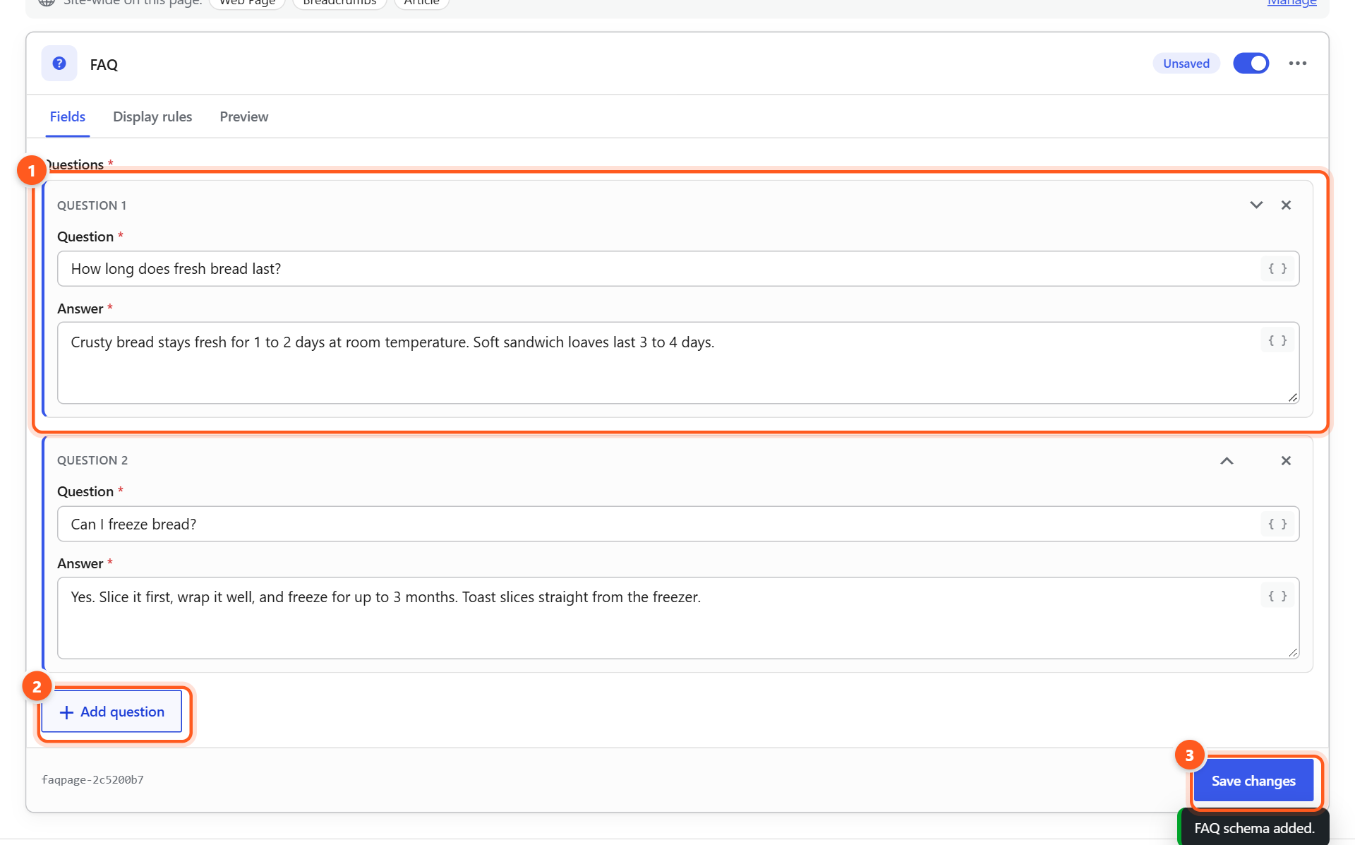 An FAQ schema with two questions and answers filled in, an Add question button and a Save changes button.