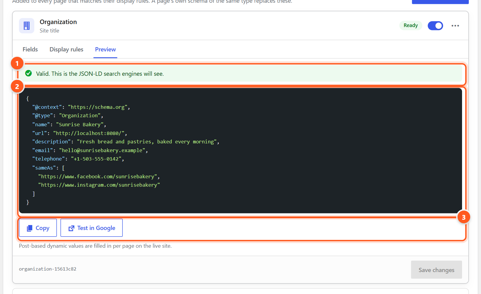 The Preview tab with a green message saying Valid, the generated code, and Copy and Test in Google buttons.