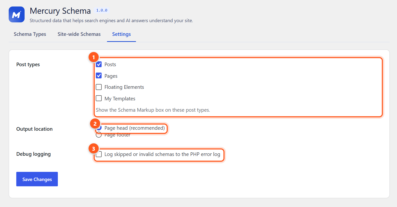 The Settings screen with Post types checkboxes, Output location options and a Debug logging checkbox.