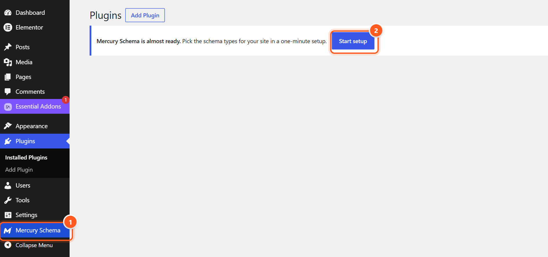 The WordPress Plugins screen. Mercury Schema appears in blue in the left menu, and a notice at the top says Mercury Schema is almost ready, with a Start setup button.