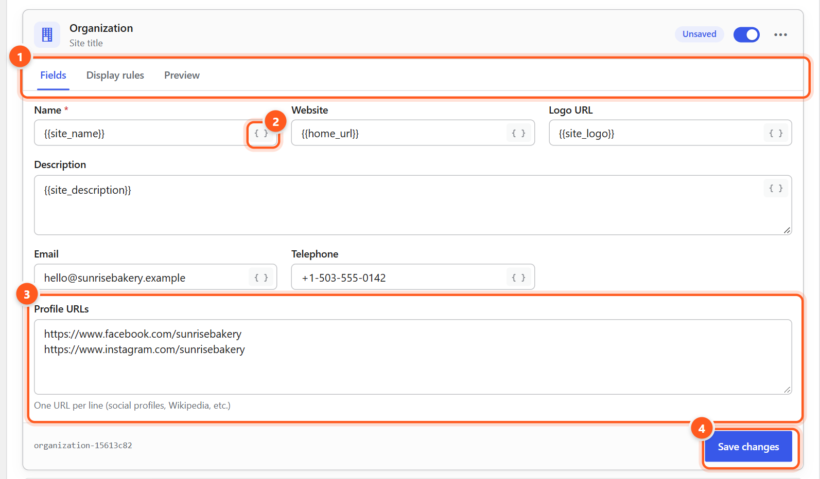 The Organization schema opened, showing the Fields, Display rules and Preview tabs, fields for name, website, logo, description, email and telephone, and a Profile URLs box with two social links.