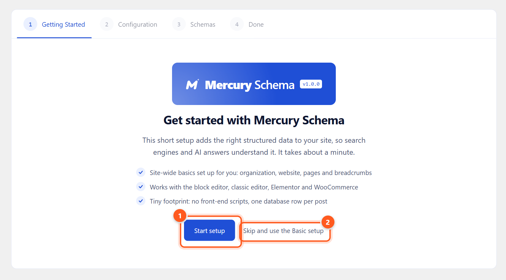 The first screen of the setup wizard, titled Get started with Mercury Schema, with a Start setup button and a Skip link.