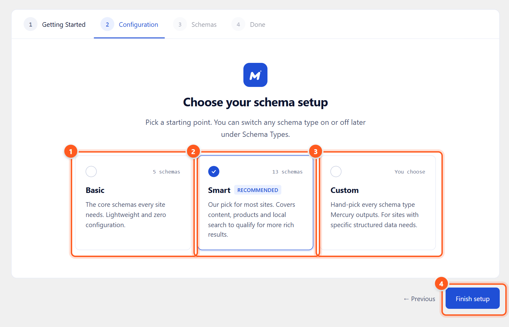 The Choose your schema setup screen with three cards: Basic with 5 schemas, Smart with 13 schemas marked Recommended, and Custom.